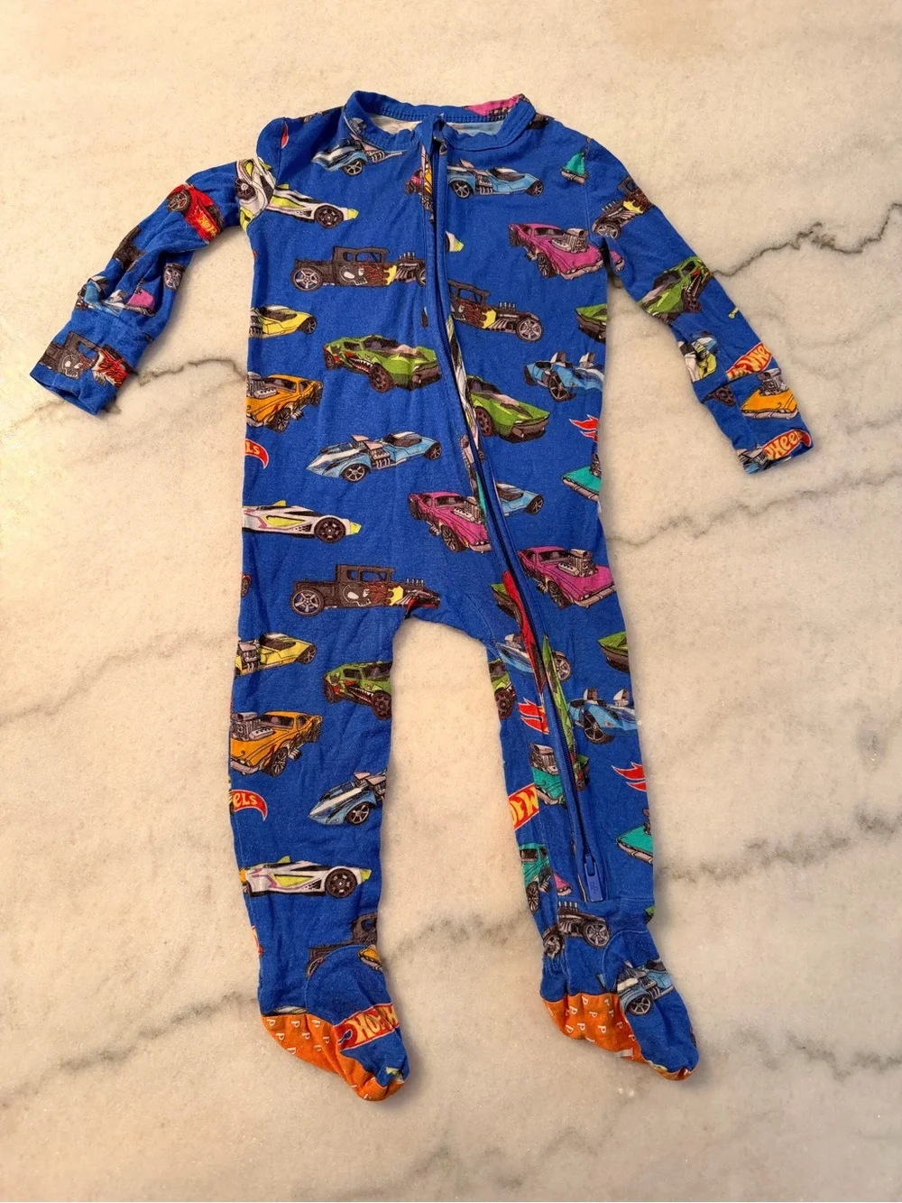 Posh Peanut Royal Blue Kids Footed Pajamas with Hot Wheels